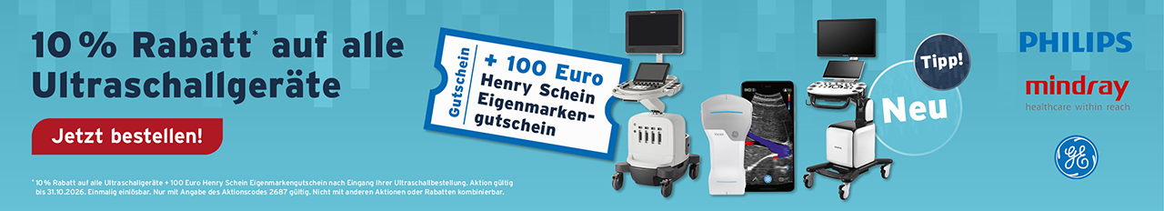 10 % Rabatt auf alle Ultraschallgeraete + 100 Euro Henry Schein Eigenmarkengutschein nach Eingan Ihrer Ultraschallbestellung, Aktionscode: 2687, Aktion gueltig bis 31.10.2026.